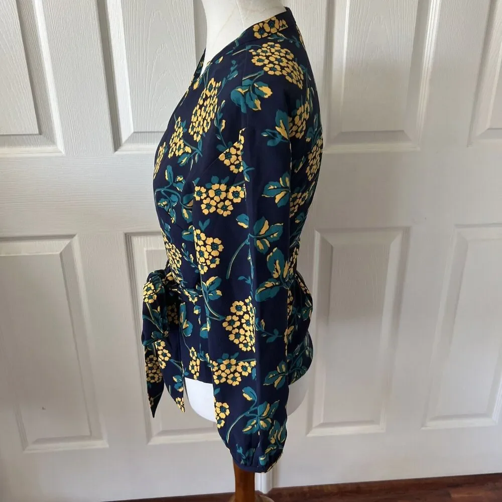 J Crew‎ Womens Floral Wrap Top Size XSmall Blue Long Sleeve Tie Waist